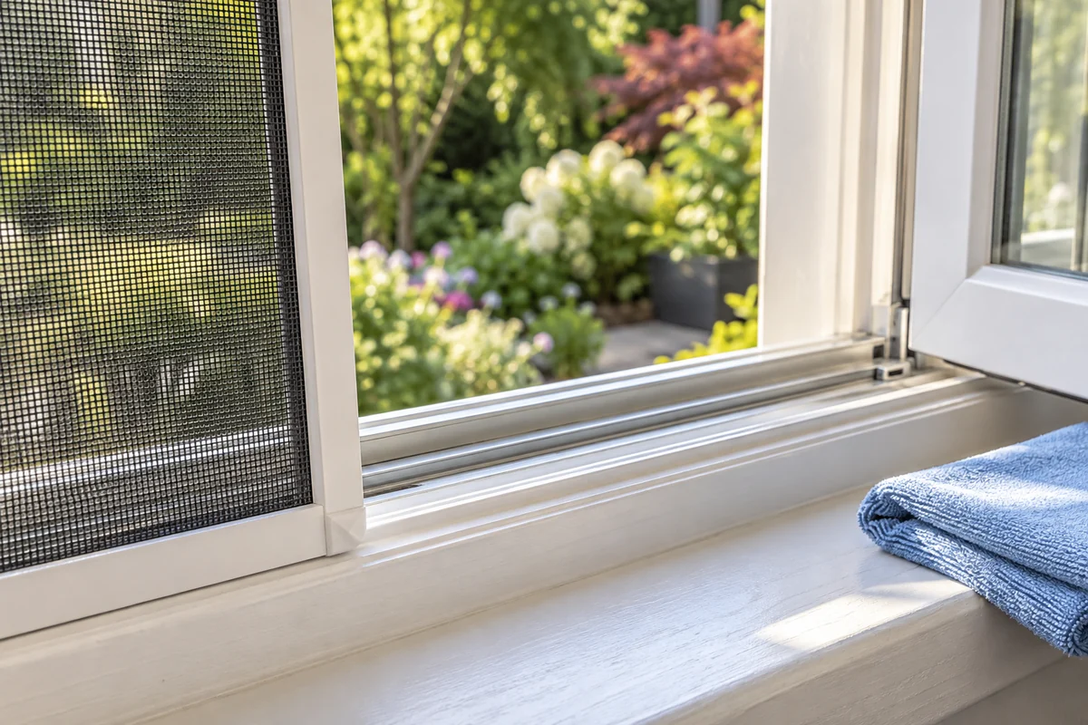 AI-created close-up of screen mesh, window tracks and a folded cleaning cloth.